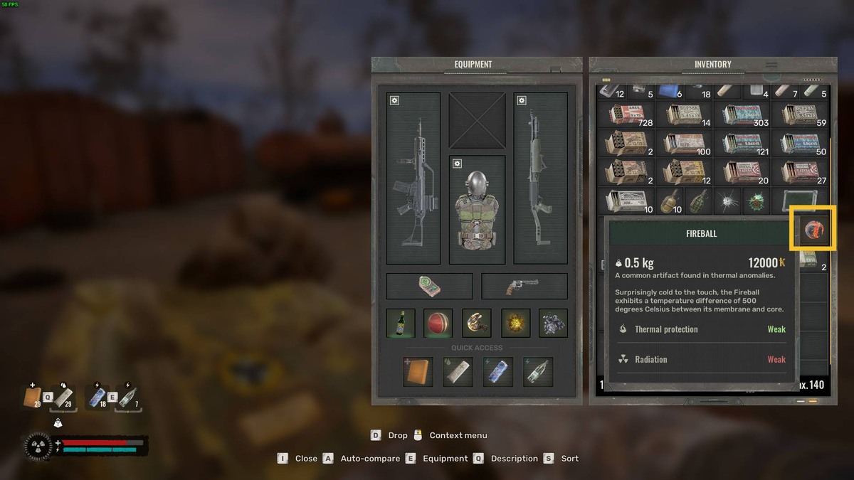 Stalker 2 artifact locations: inventory menu.