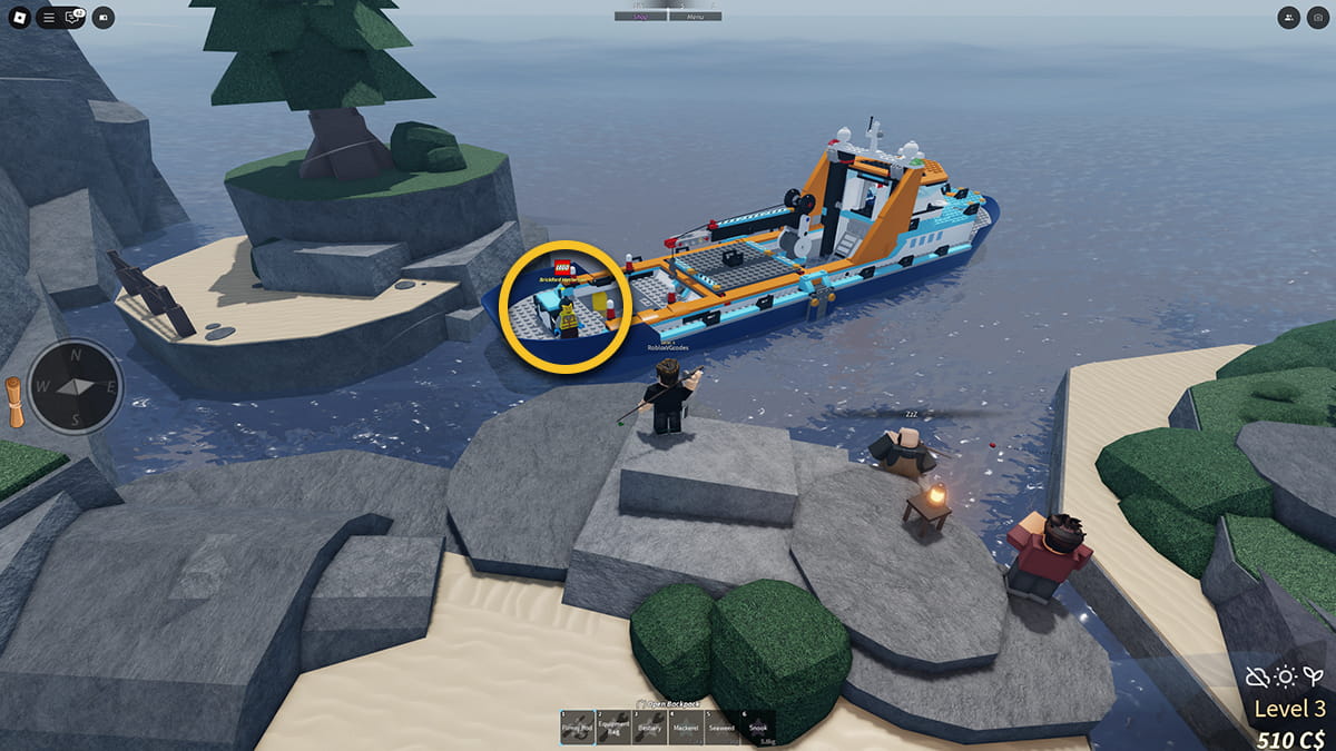 Image of the player in Fisch on Roblox standing on a cliff by the sea and facing a boat made of LEGO bricks with the Brickford NPC on it, marked with a circle.