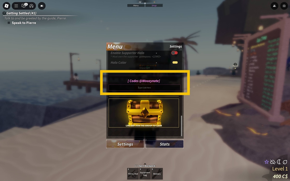 Fisch codes: code redemption menu.