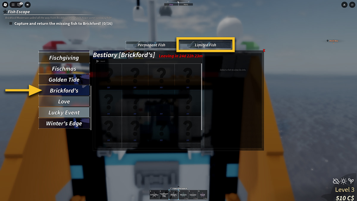 Image of the Bestiary screen in Fisch on Roblox, with focus on the Limited tab and an arrow pointing at the "Brickford's" section.