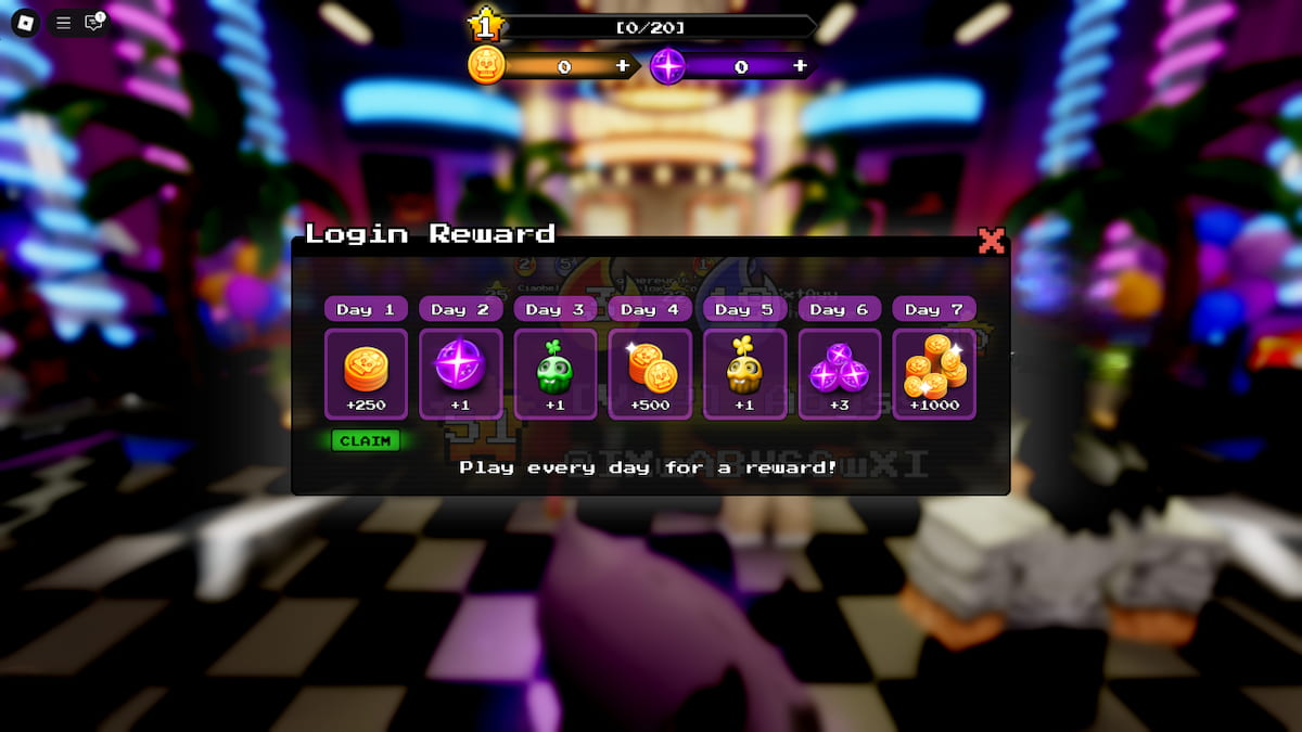 Blurred lobby in Five Nights Hunted with a clear Login Rewards screen, showing various rewards.