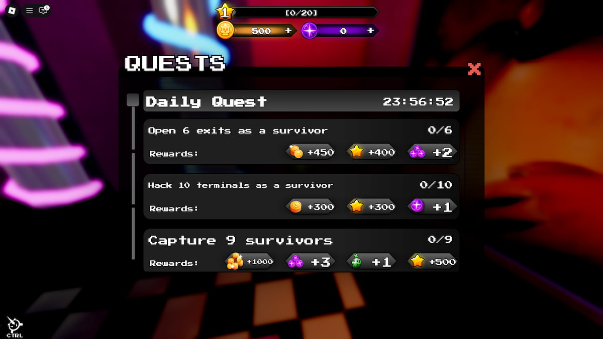 Quests scren in Five Nights Hunted, showing various tasks and their respective rewards.