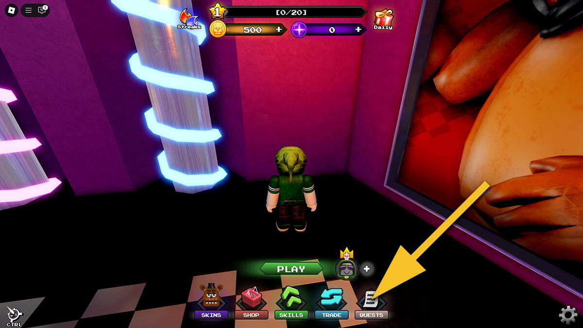 Lobby in Five Nights Hunted with a yellow arrow pointing to the Quests button.