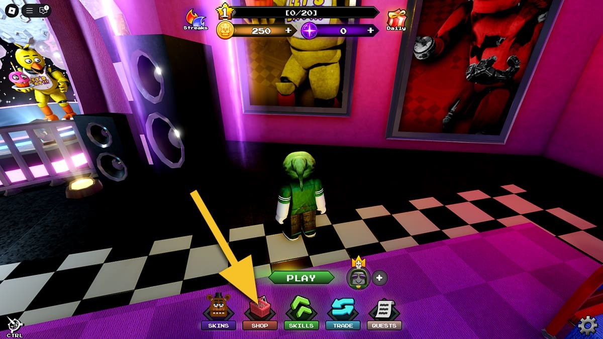 Lobby in Five Nights Hunted with a yellow arrow pointing to the Shop button.