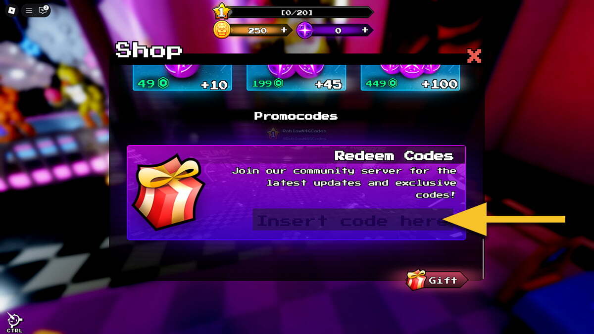 The Redeem Codes screen in Five Nights Hunted with a yellow arrow pointing to the text box.