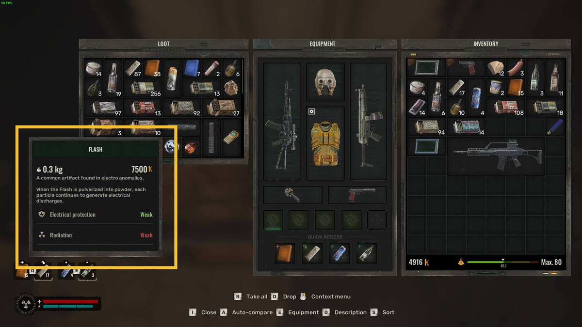 Stalker 2 artifact locations: inventory menu.