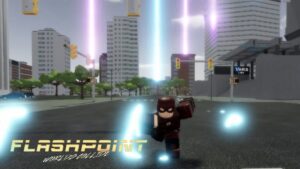 A Roblox character running dressed like The Flash in Flashpoint Worlds Collide.