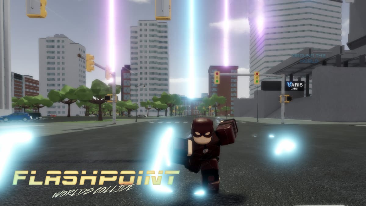 A Roblox character running dressed like The Flash in Flashpoint Worlds Collide.