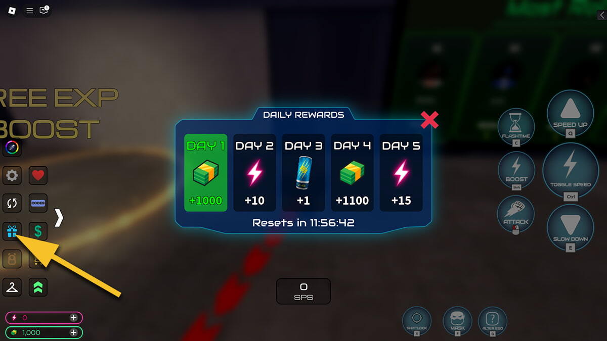The Daily Rewards window in Flashpoint Worlds Collide with a yellow arrow pointing to the present icon.