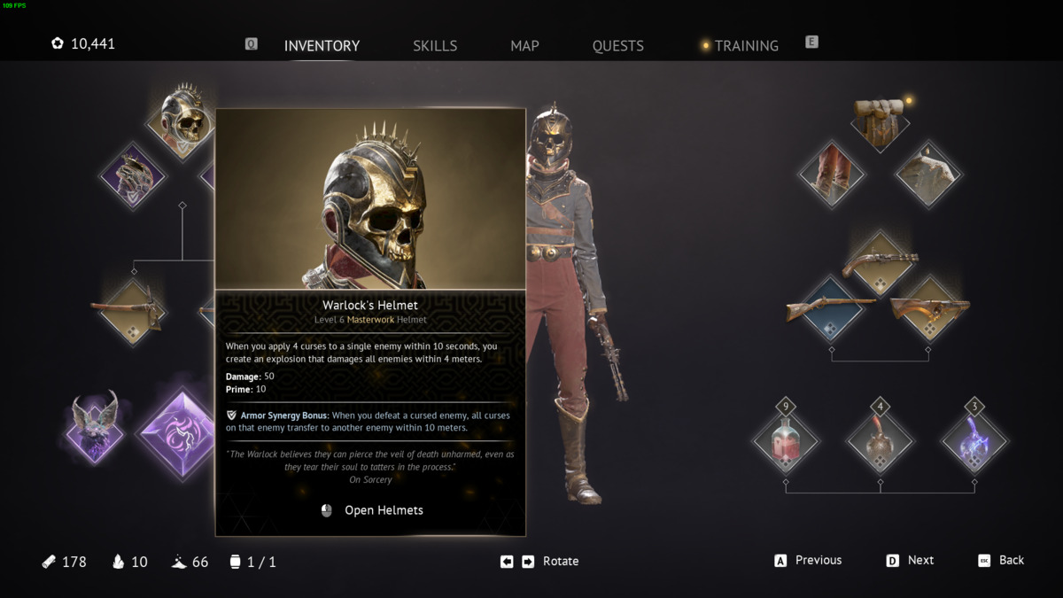 Flintlock The Siege of Dawn best build: in-game inventory menu.