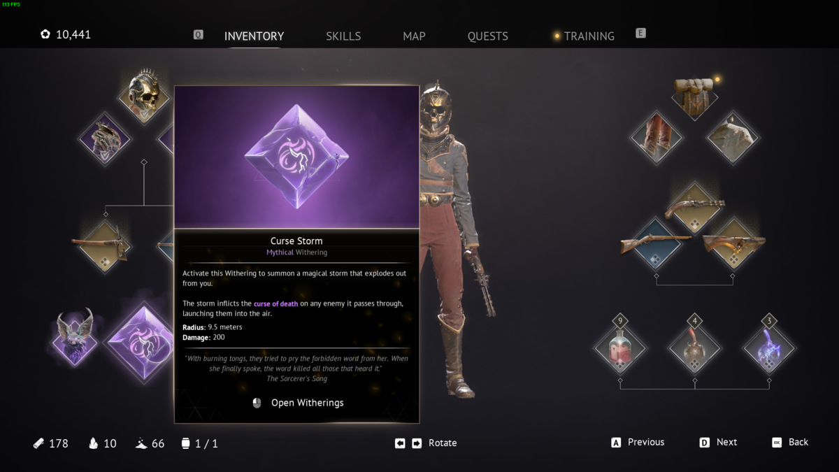 Flintlock The Siege of Dawn best build: in-game inventory menu.