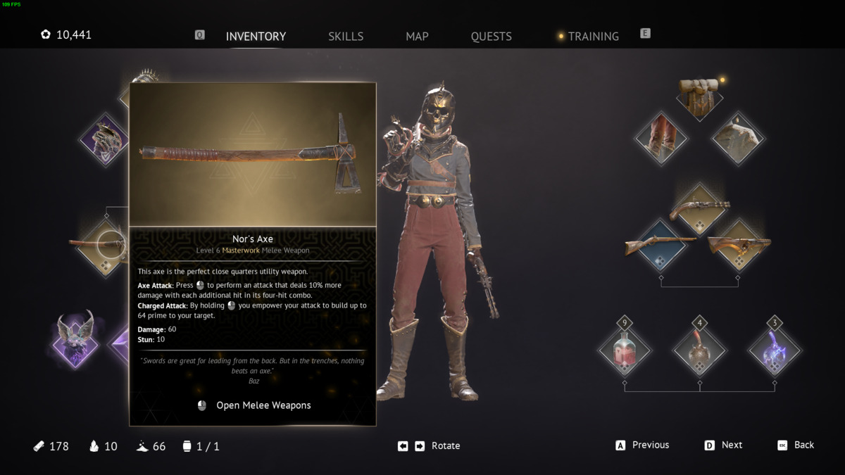 Flintlock The Siege of Dawn best build: in-game inventory menu.