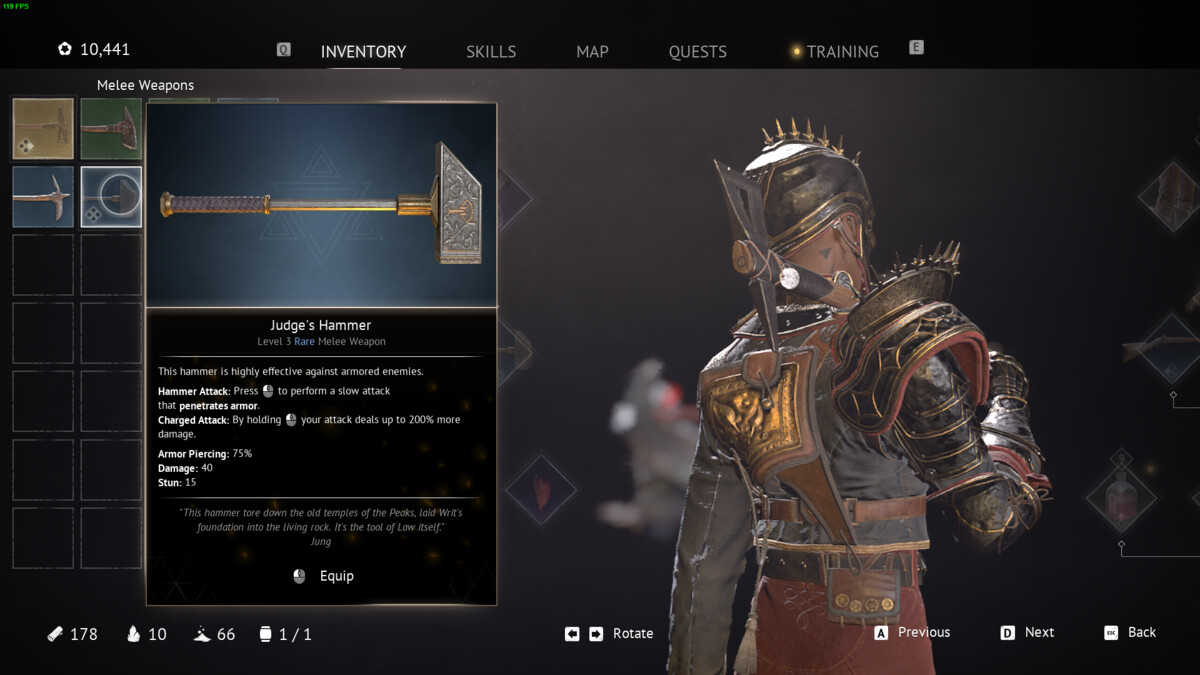 Flintlock The Siege of Dawn best weapons: in-game weapon inventory menu.