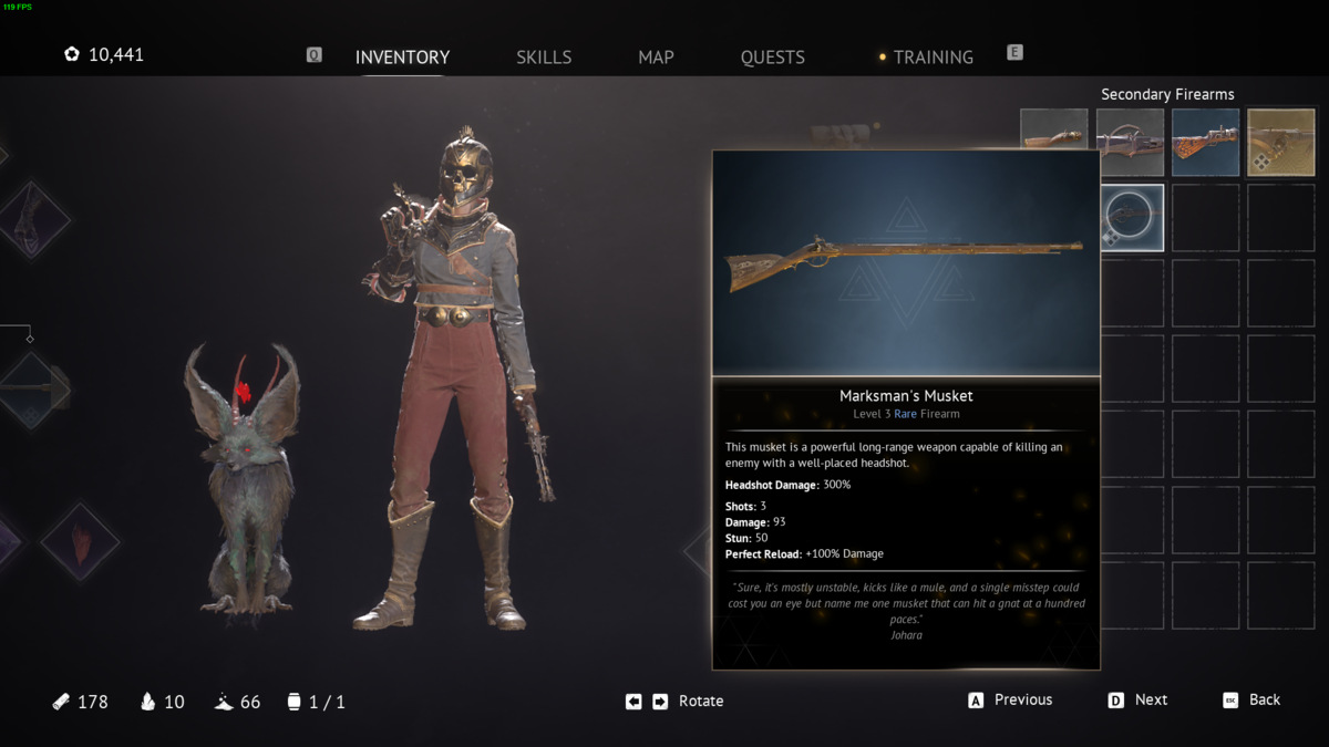 Flintlock The Siege of Dawn best weapons: in-game weapon inventory menu.