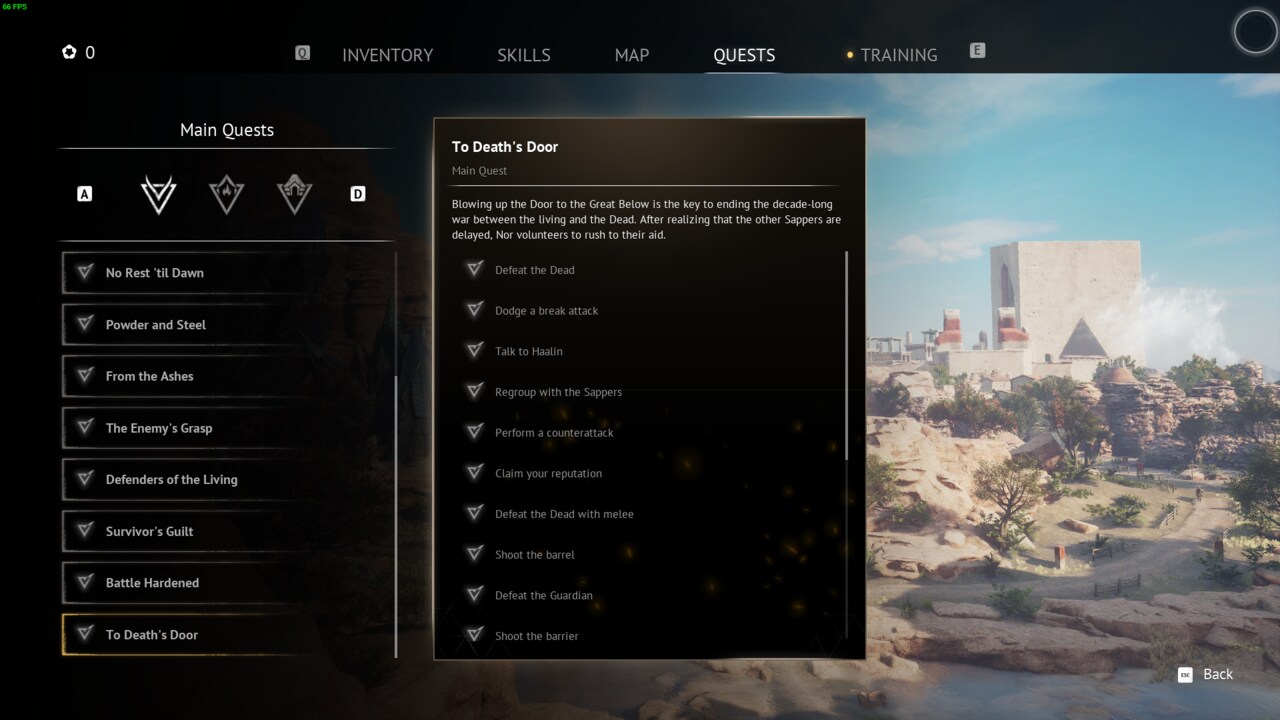 Flintlock The Siege of Dawn quest list: in-game quest menu.