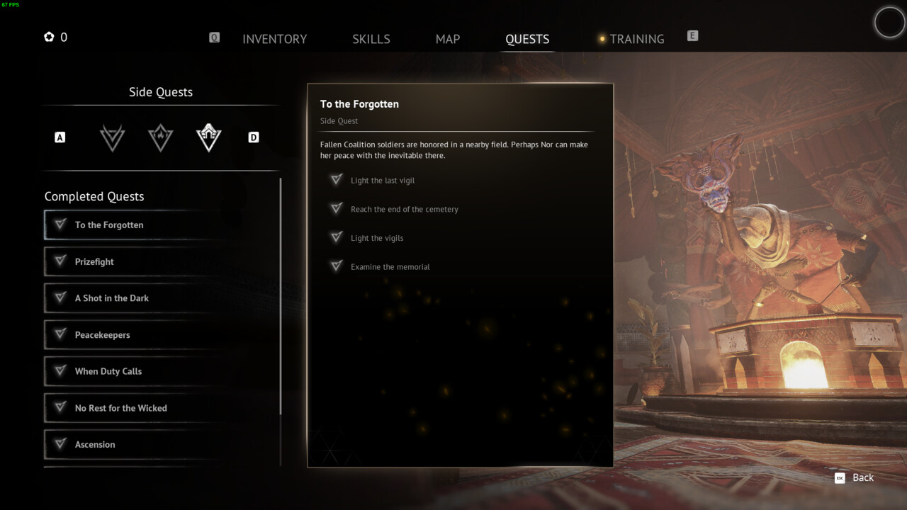 Flintlock The Siege of Dawn quest list: in-game quest menu.