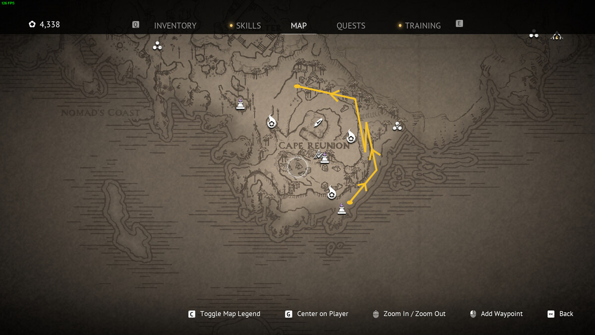 Flintlock The Siege of Dawn best Reputation farm: Wanderer's Rest map with farming route.