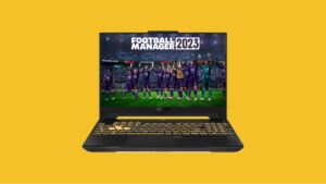 A top picks for FM23 laptop displaying the cover of Football Manager 2019.