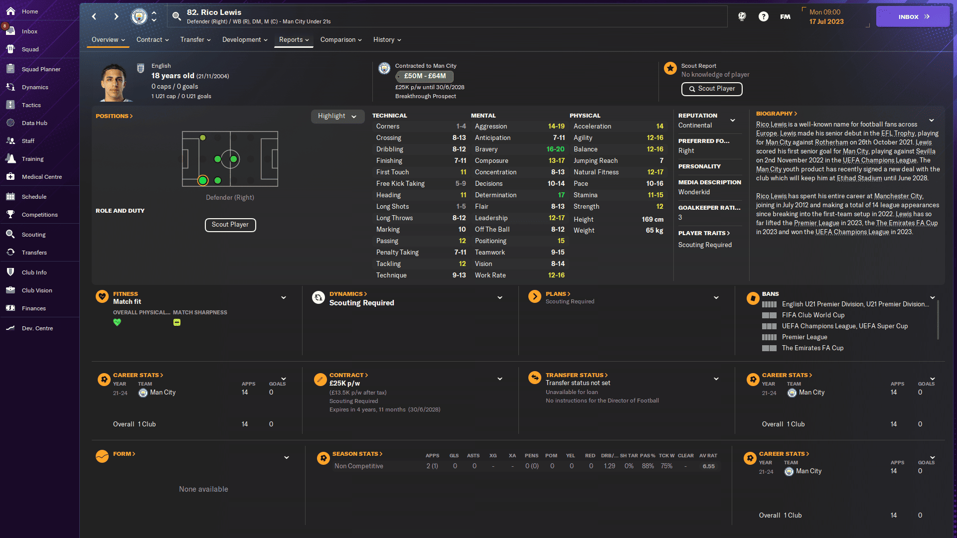 FM24 best RB to sign: Rico Lewis' profile in FM24