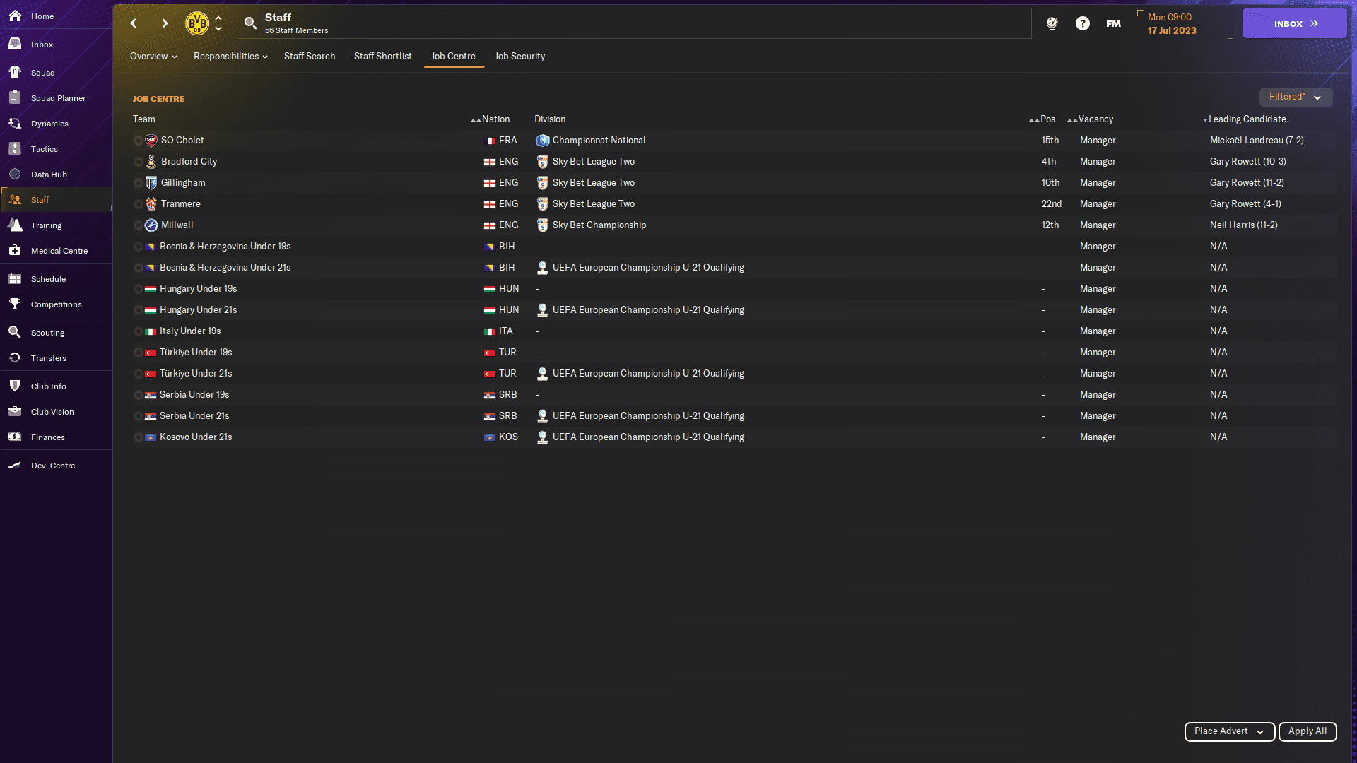 FM24 how to apply for a job: A list of available managerial jobs.