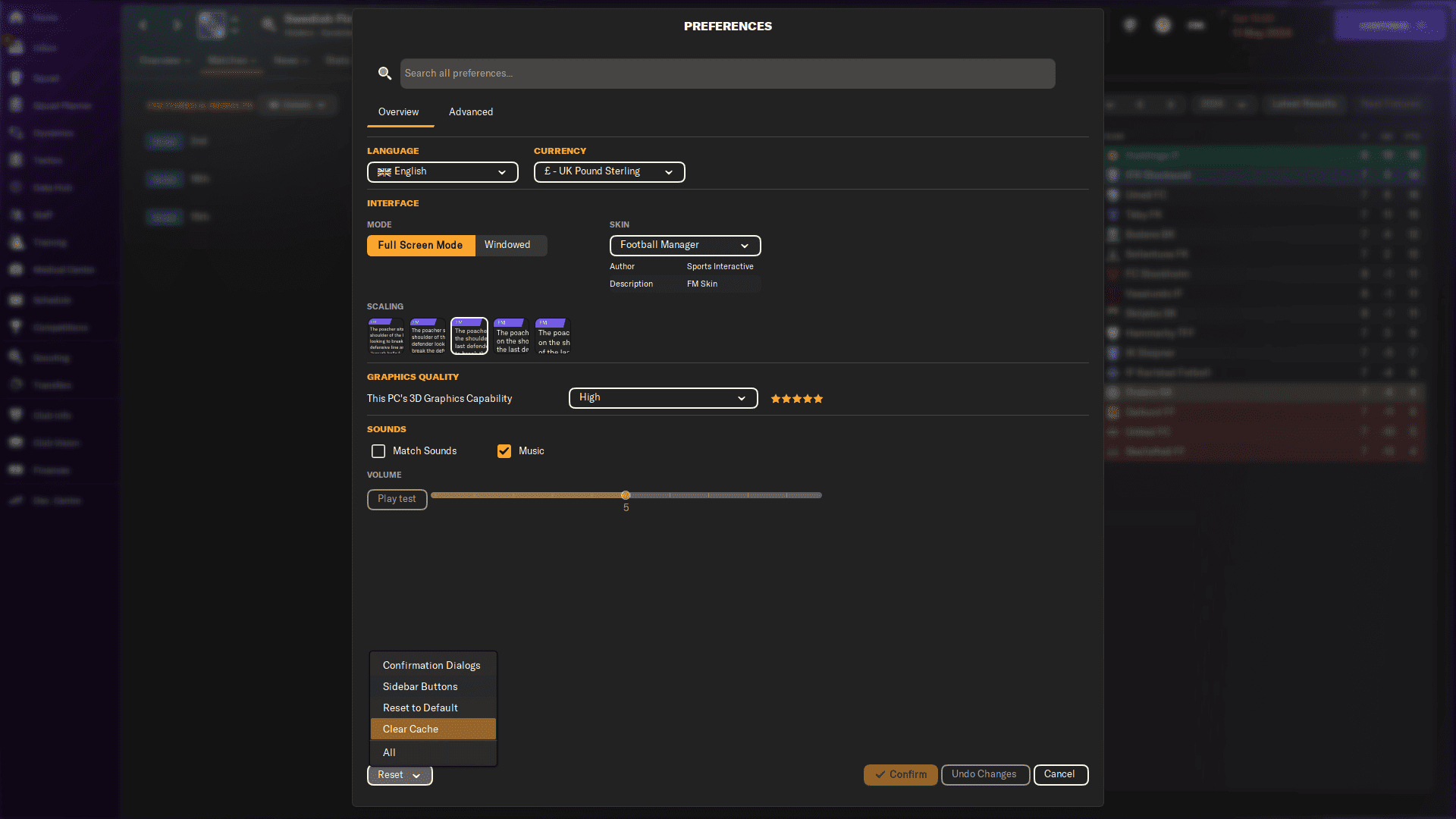 FM24 how to clear cache: The Clear Cache option in the Personalisation menu.