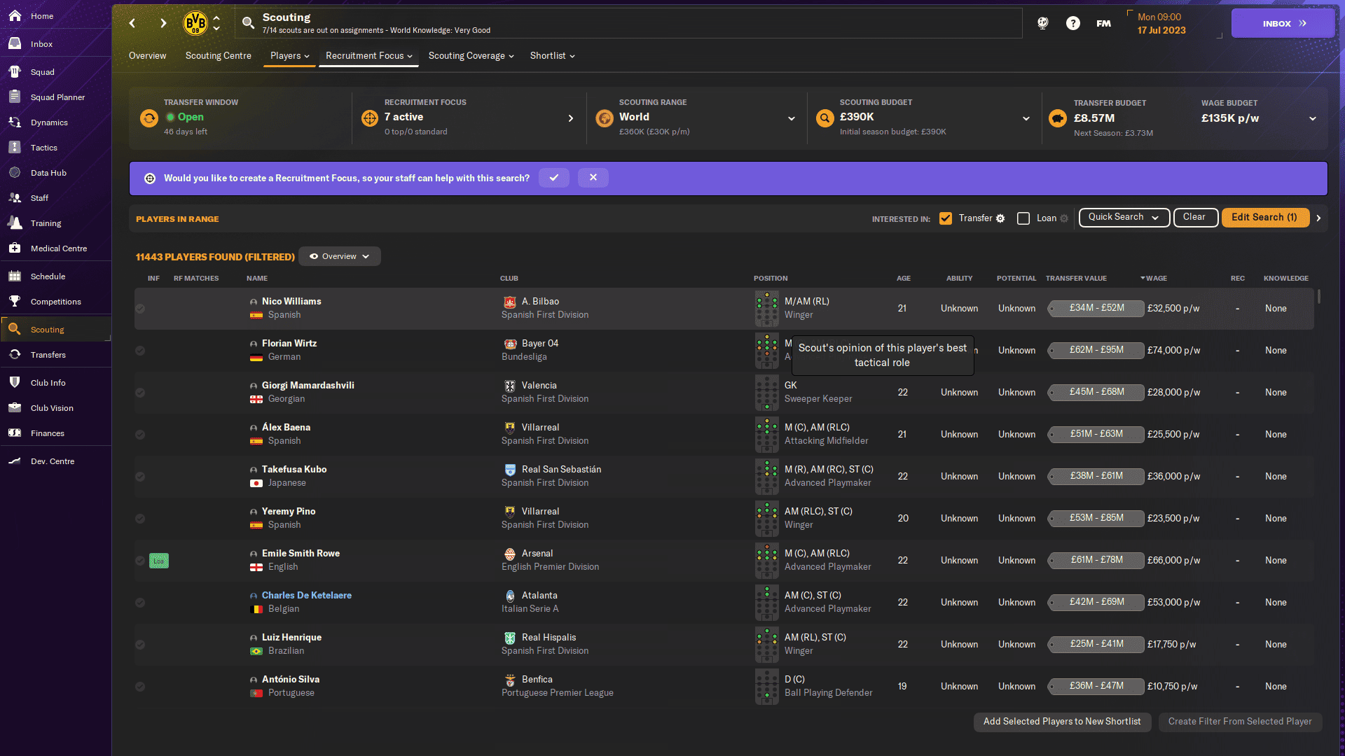 FM24 how to find wonderkids: A list of U23 players in the scouting centre.