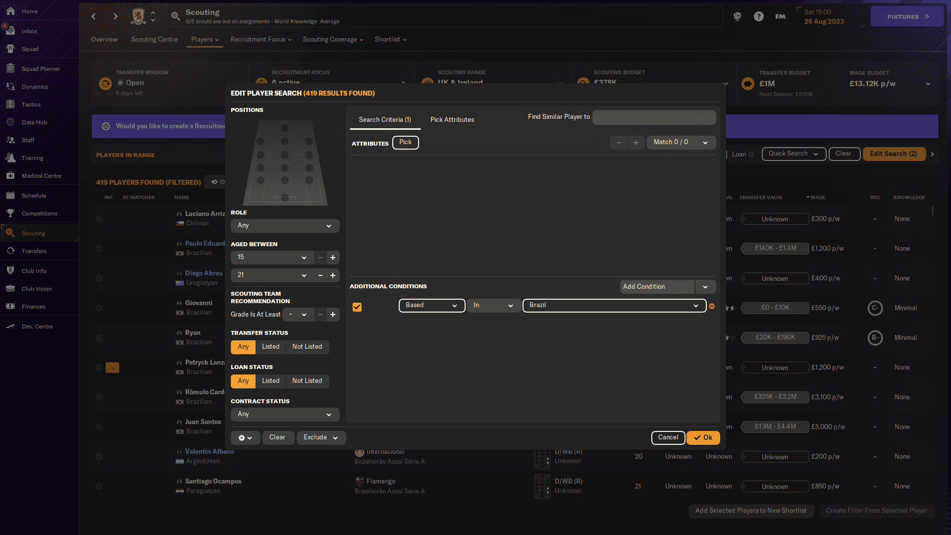 FM24 how to find wonderkids: Searching in the Scouting Centre for Brazilian players aged 15-21.