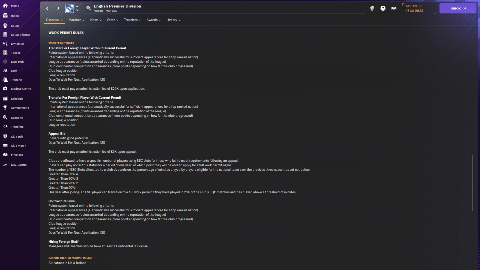 FM24 how to get work permit: The list of work permit rules for the English Premier League.