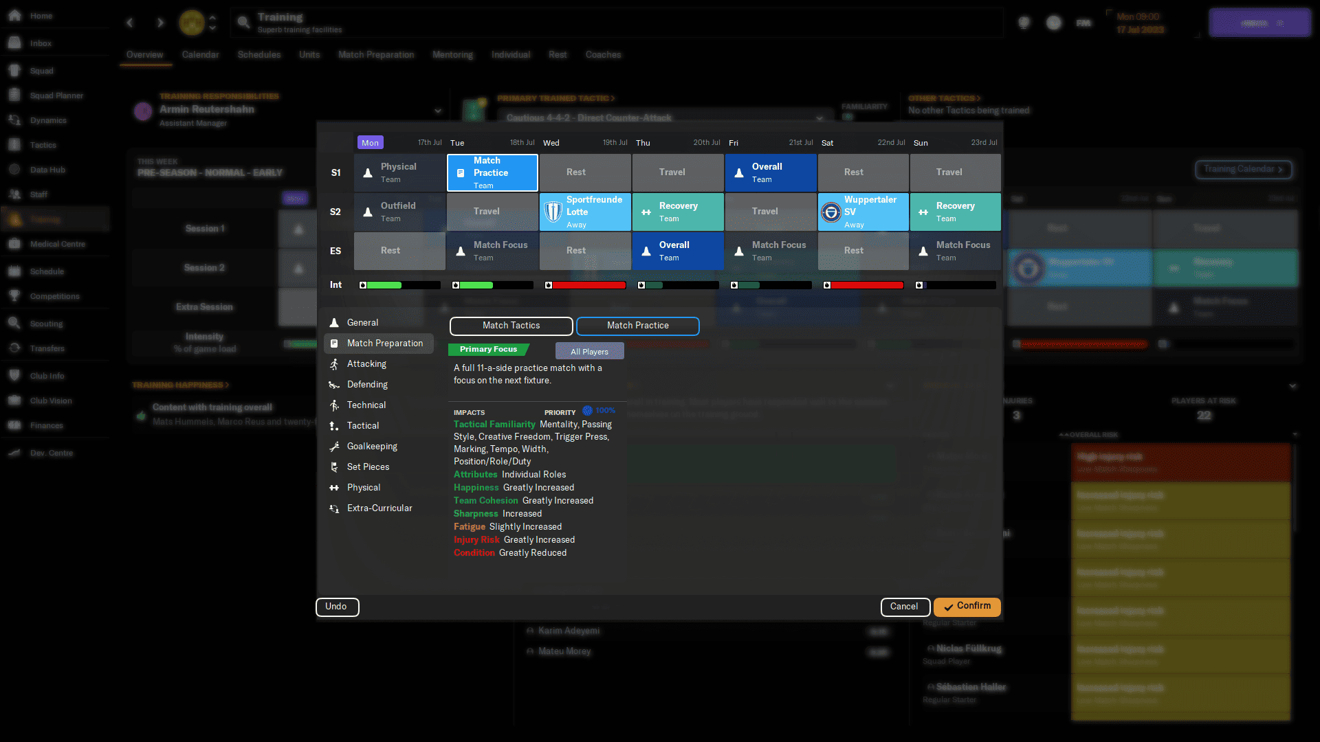 FM24 how to improve team cohesion: Scheduling a Match Practice training session.
