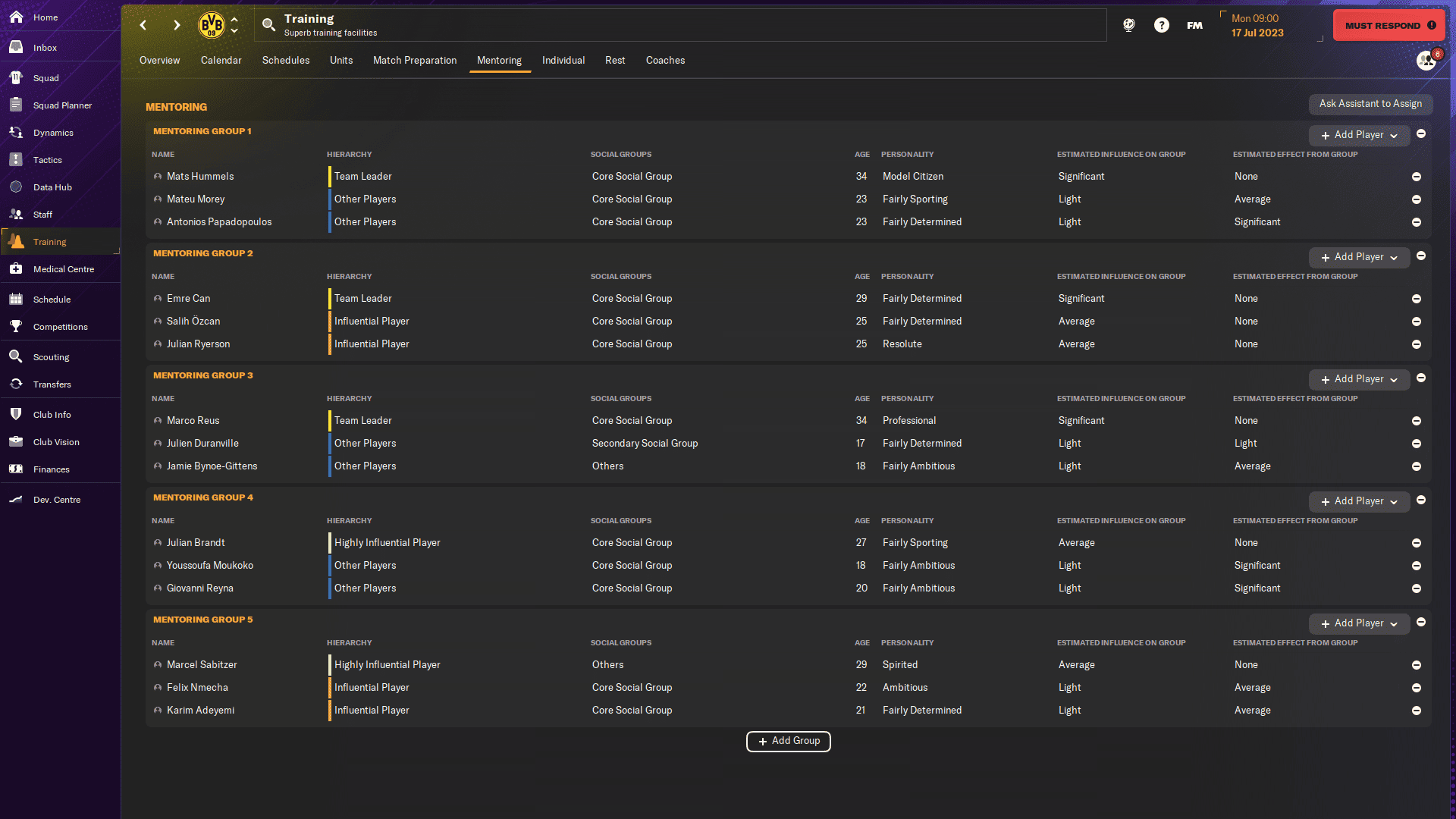 FM24 how to mentor: A set of five mentorship groups in the mentoring menu.