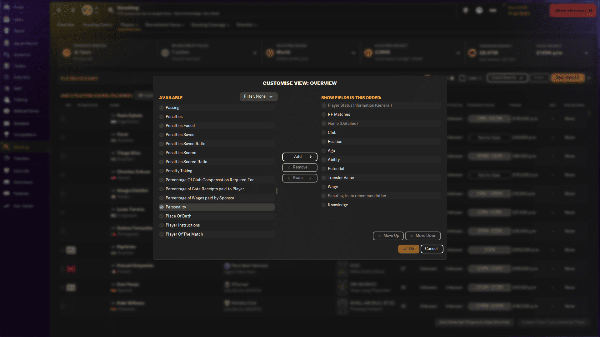 FM24 how to mentor players: Customising the view in the scouting centre to show personality traits.