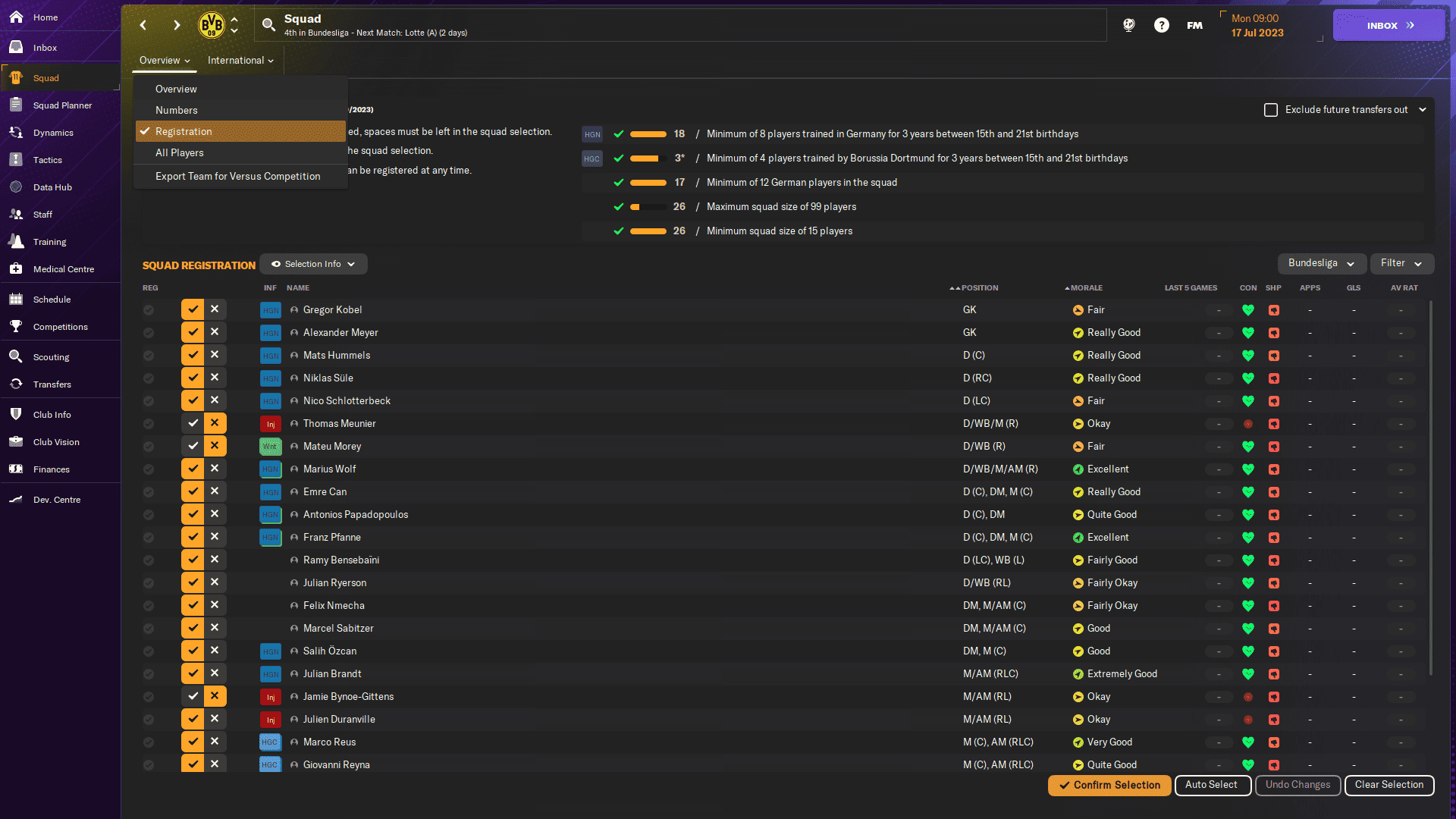 FM24 how to register players: The squad registration menu in FM24.