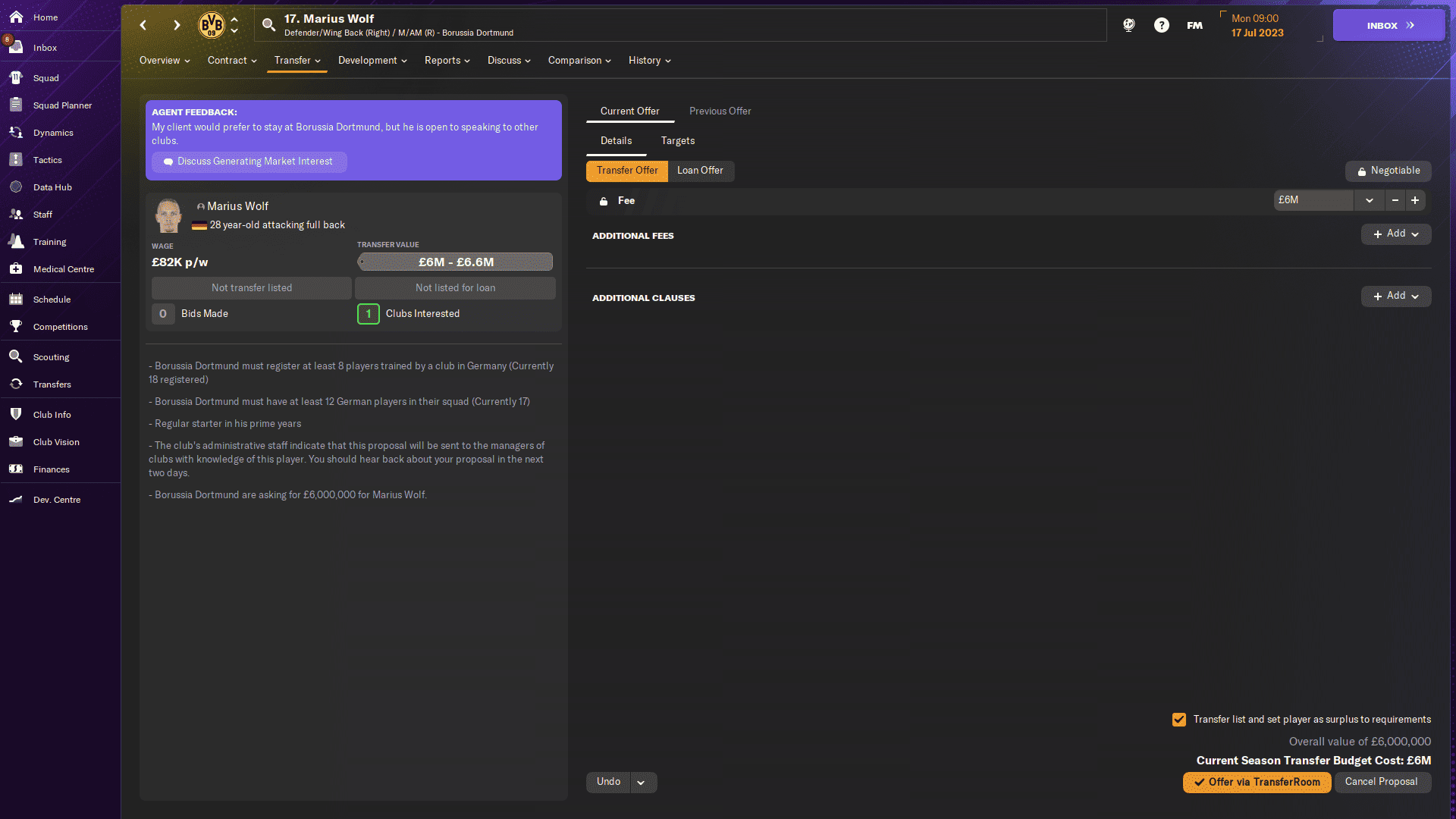 FM24 how to sell players: Putting a player on the transfer list.
