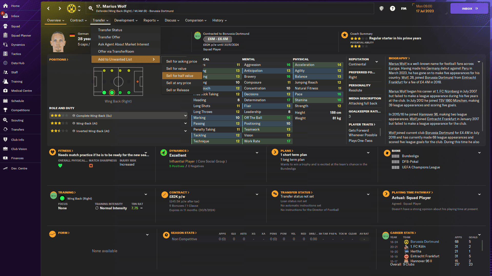 FM24 how to sell players: Adding a player to the Unwanted List.