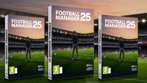 FM25 giveaway quiz: Three copies of Football Manager 25 on a football pitch background.