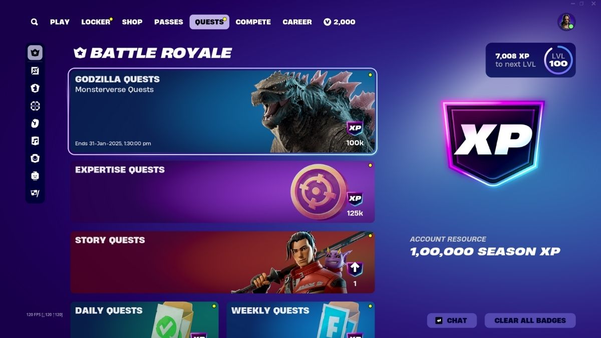 Fortnite Godzilla quests tab