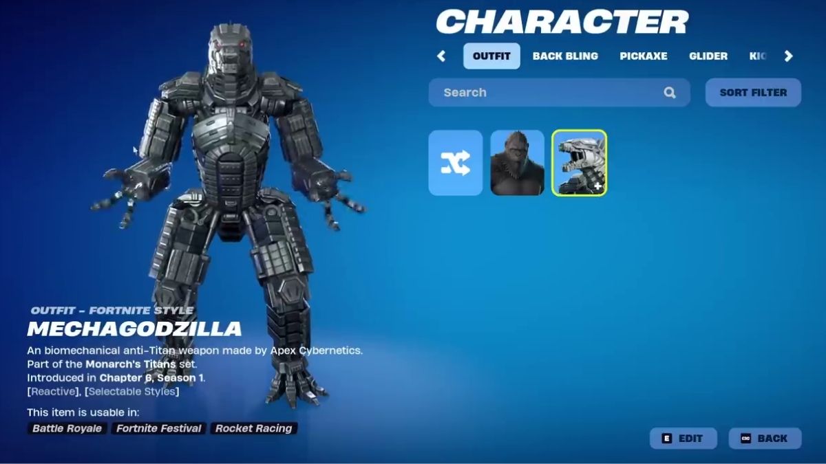 Mechagodzilla skin in Fortnite locker.