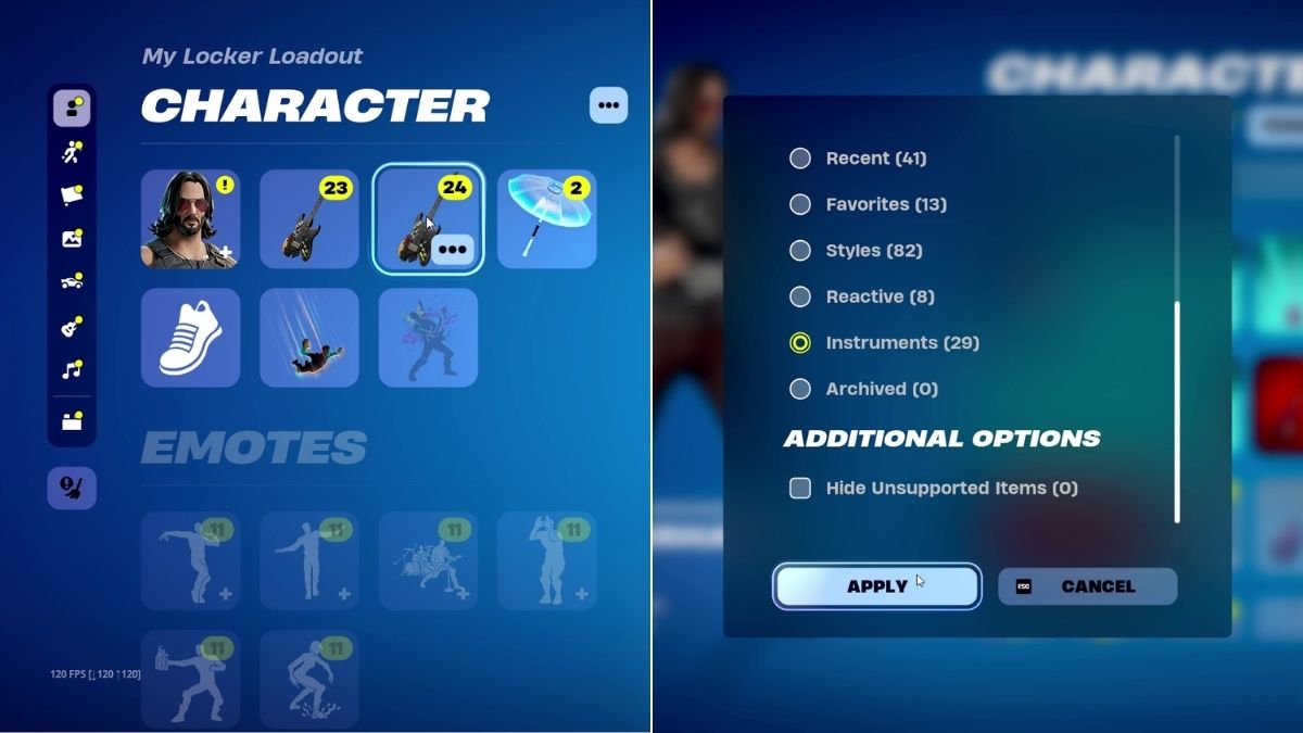 Fortnite Instruments in user locker