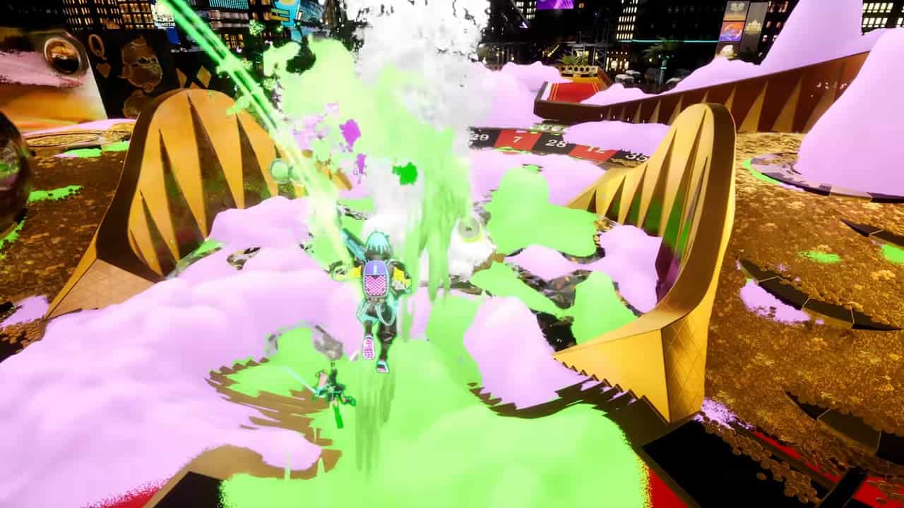 A Foamstars player shoots green foam on the arena