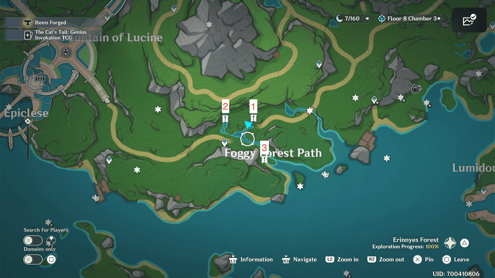 All three foggy forest path puzzles on the map in Genshin Impact