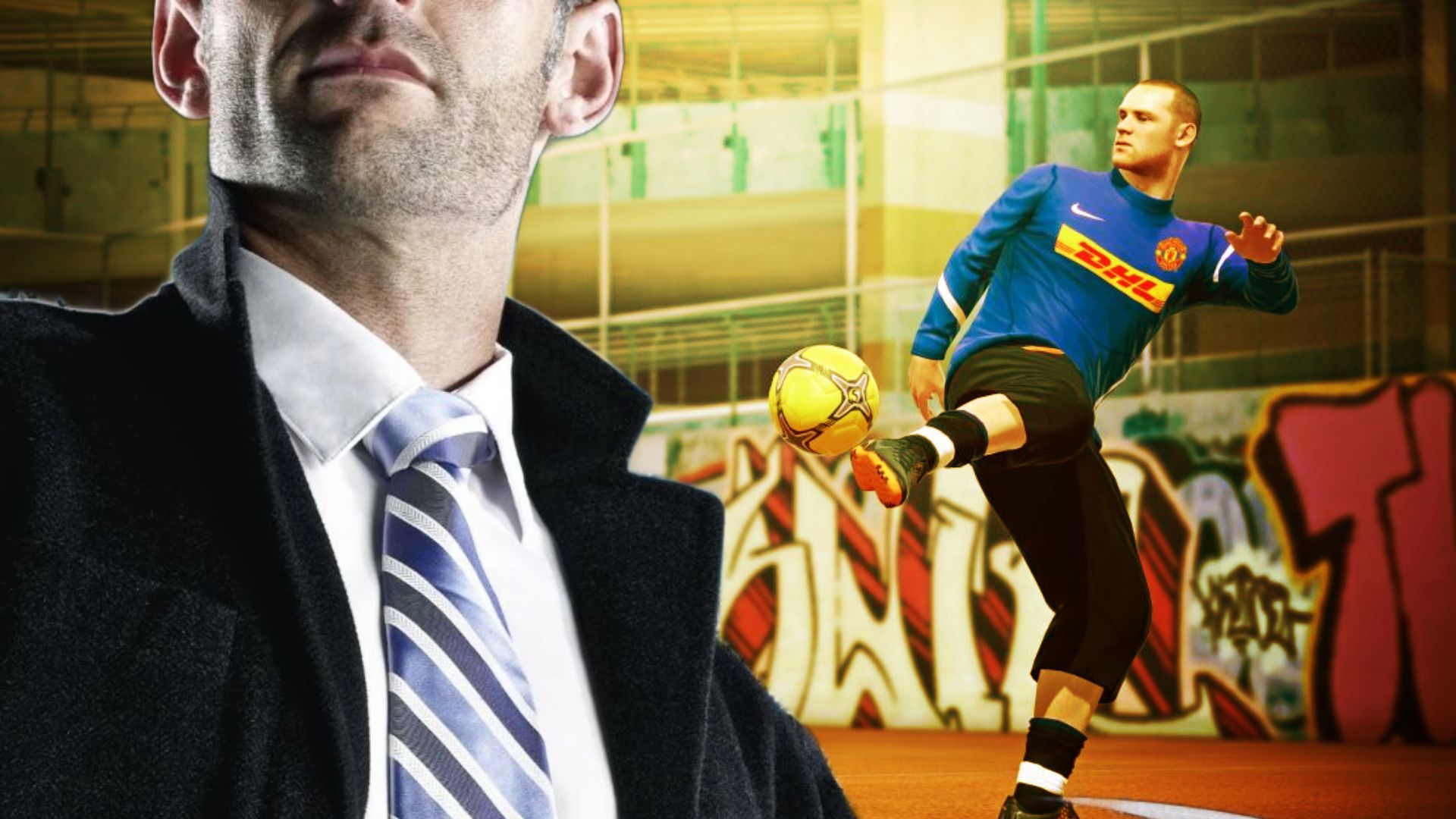 Football Manager 2024 manager standing tall in front of FIFA Street background