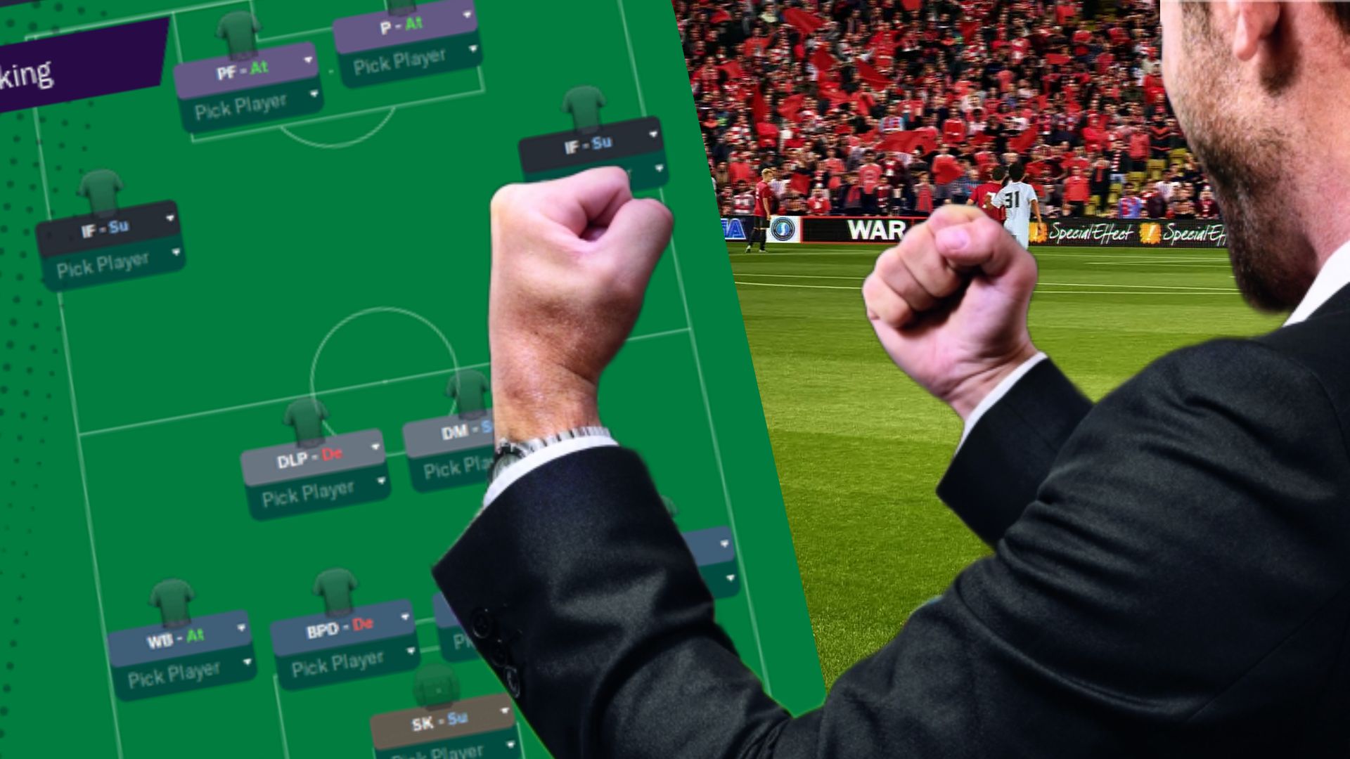 Football Manager 2024 cheering in front of a formation screen