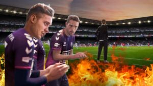 SI right to delay FM25: Two football players warming their hands by a fire next to a football pitch.