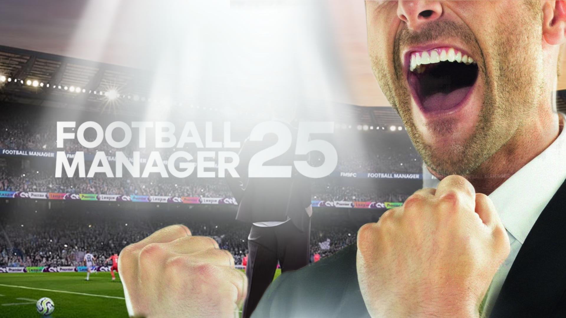 Football Manager 25 logo under a spotlight