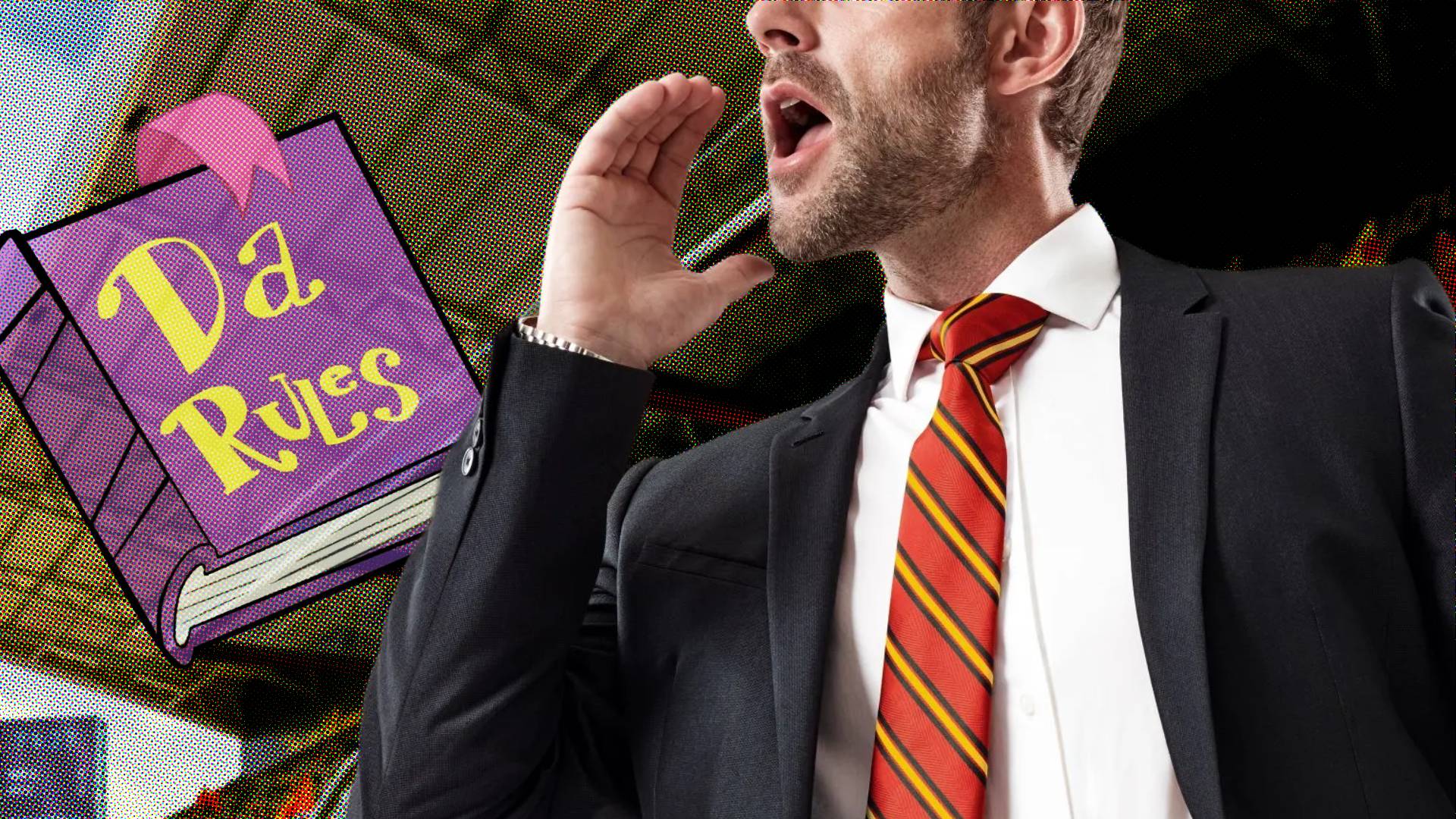 A Football Manager standing next to Da Rules book