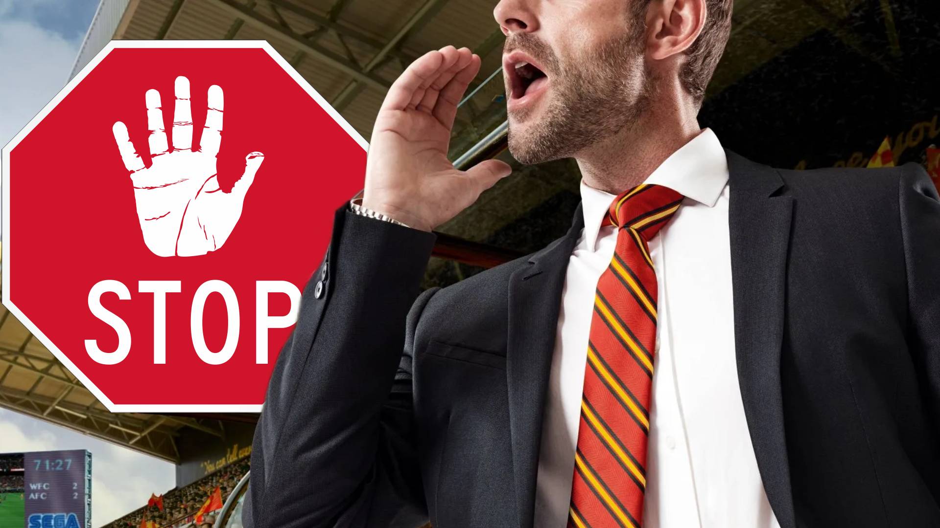 Football Manager 2024 next to a stop sign