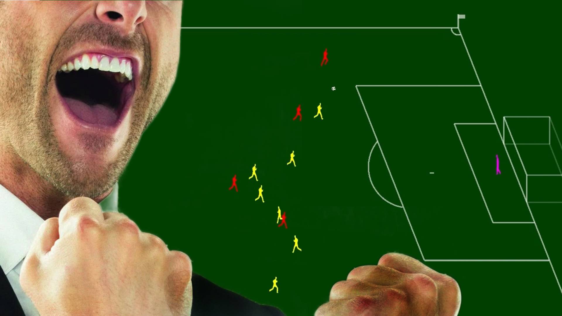 Modern football manager cheering in front of original football manager