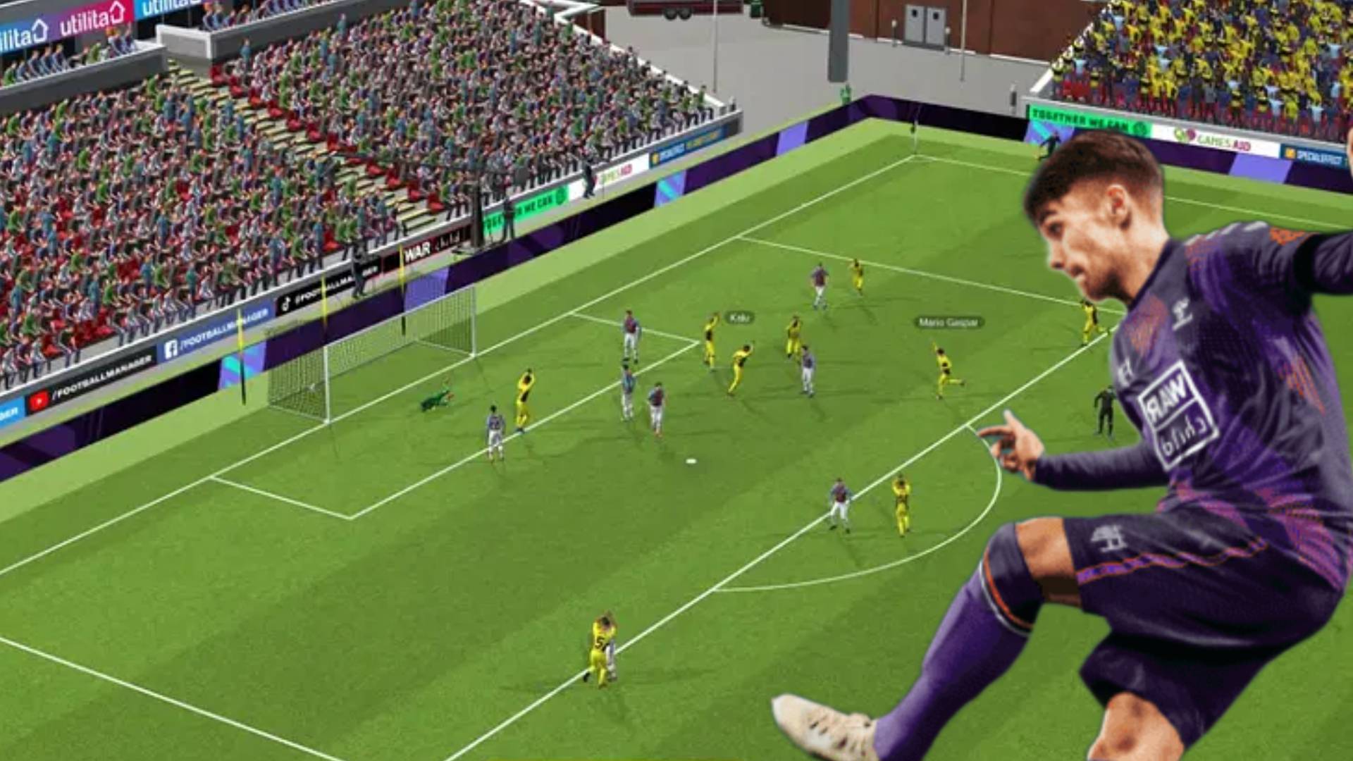 Football Manager Match Engine showing a team defending the goal