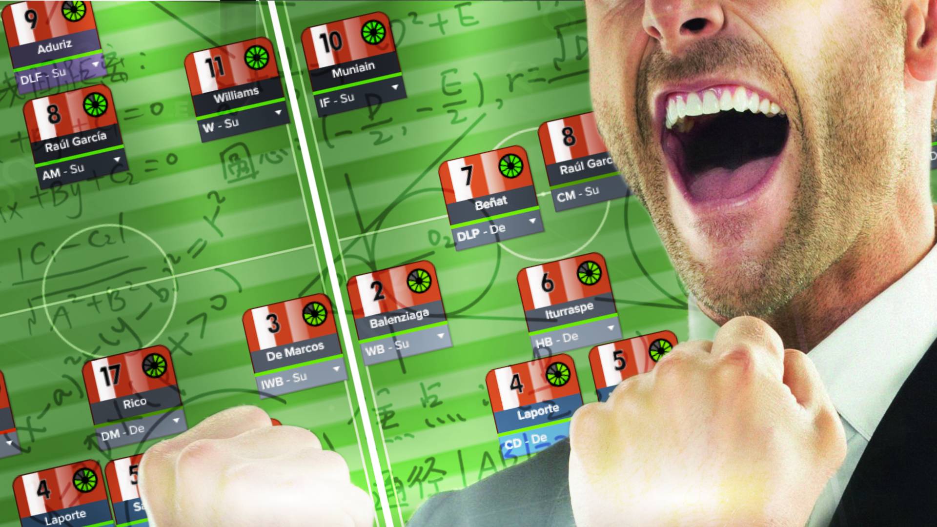 Football Manager 2024 man cheering in front of formations
