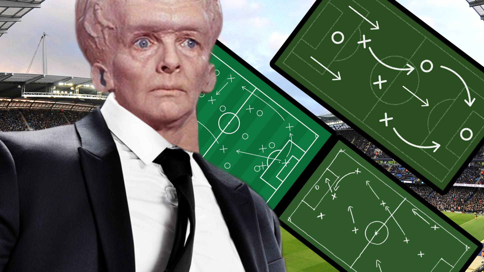 A Football Manager with a swolen brain next to a bunch of tactics